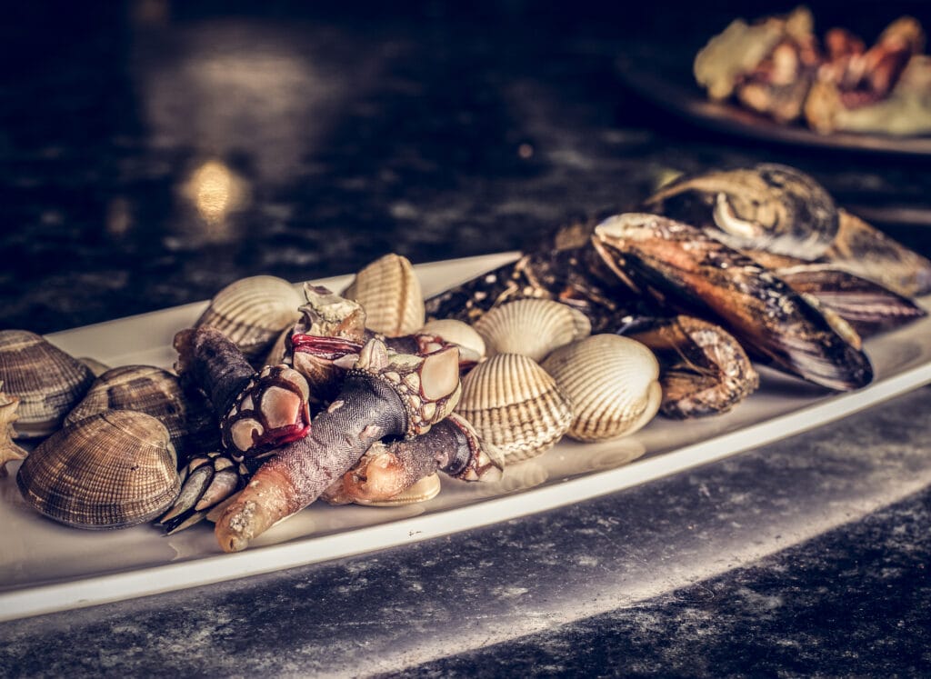 Varios mariscos en bandeja metálica