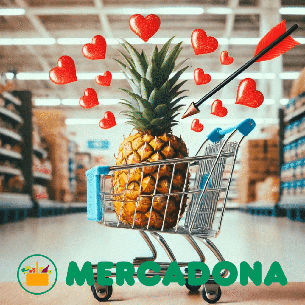Shopping cart with pineapple and hearts in a grocery store