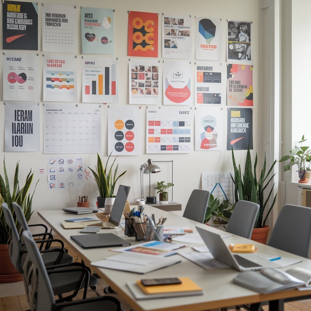 Creative office space with plants and design posters.