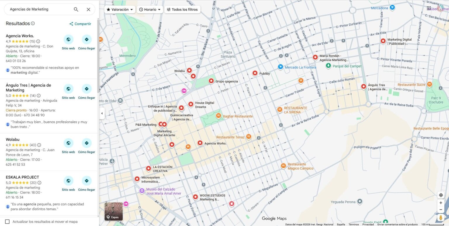 Mapa de agencias de marketing en Alicante, España.
