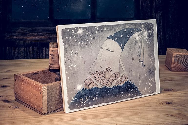 Imagen surrealista en cer&aacute;mica de un hombre con paraguas.