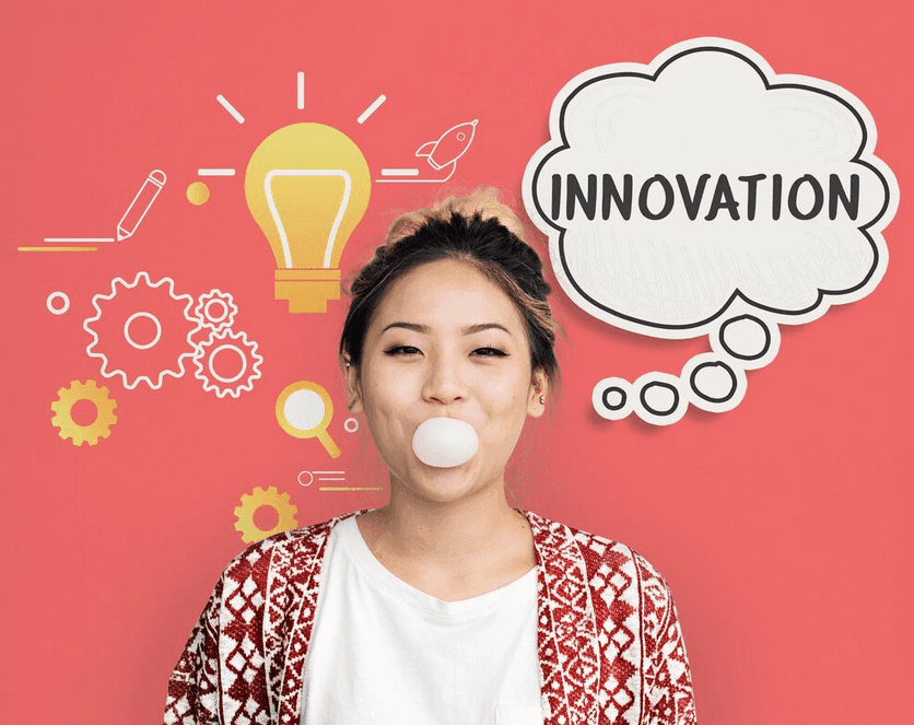 Innovative person with bubble gum bubble and thought cloud.