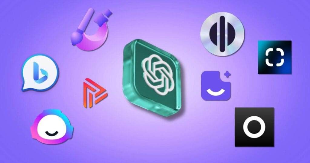 Logotipos de aplicaciones de mensajería y utilidades sobre fondo morado.