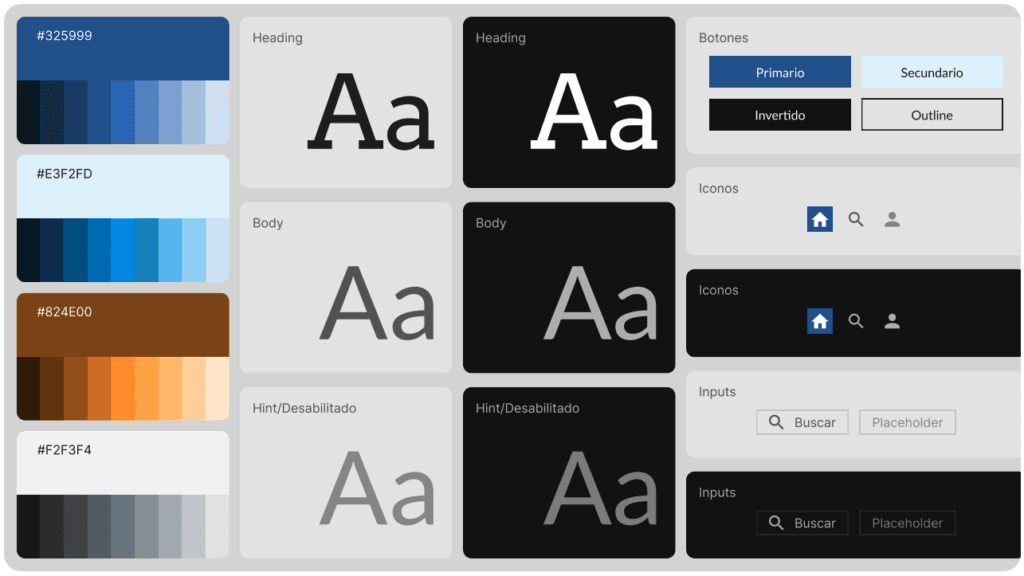 Guía de colores y tipografía en modo claro y oscuro